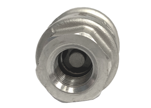 Stainless steel spring check valve viewed end on into the female thread showing the poppet seat inside