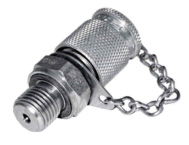A STAUFF test coupling with a G1/4 male thread and a knurled protective cap on a retaining chain, showing the sealing nipple in the port