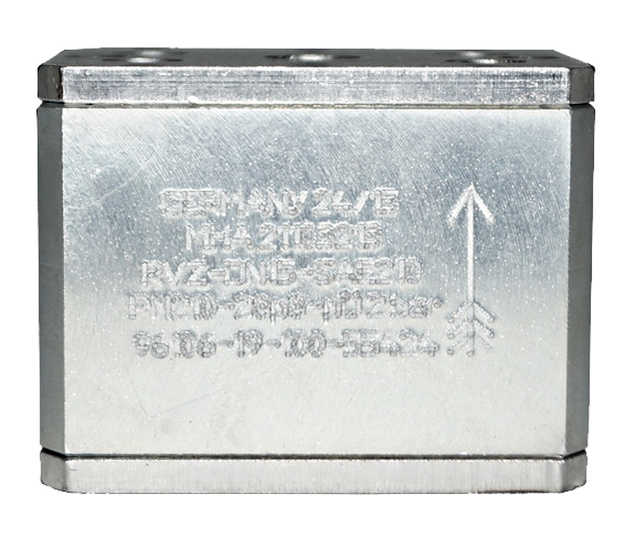 An RVZ-SAE check valve body stamped with the type, PN210, material code 28p8 and the opening pressure, with the flow arrow alongside