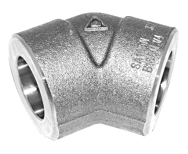 Stainless steel 45 degree socket weld elbow showing the machined socket recess at each end