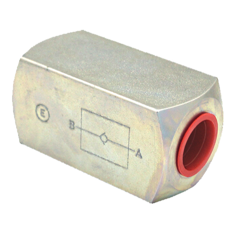 A hex-body high pressure check valve with the ISO 1219 check valve symbol stamped on the flat, showing port B on the left and port A on the right