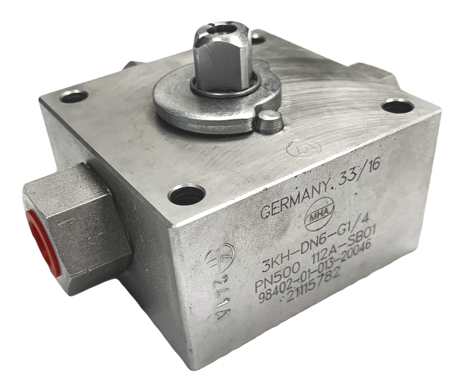 MHA 3KH-DN6-G1/4 square-body high pressure ball valve marked GERMANY 33/16, PN500, material code 112A