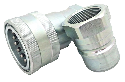 Carbon steel ISO 7241-A quick release coupling pair, coupler with knurled sleeve and ball ring alongside the nipple