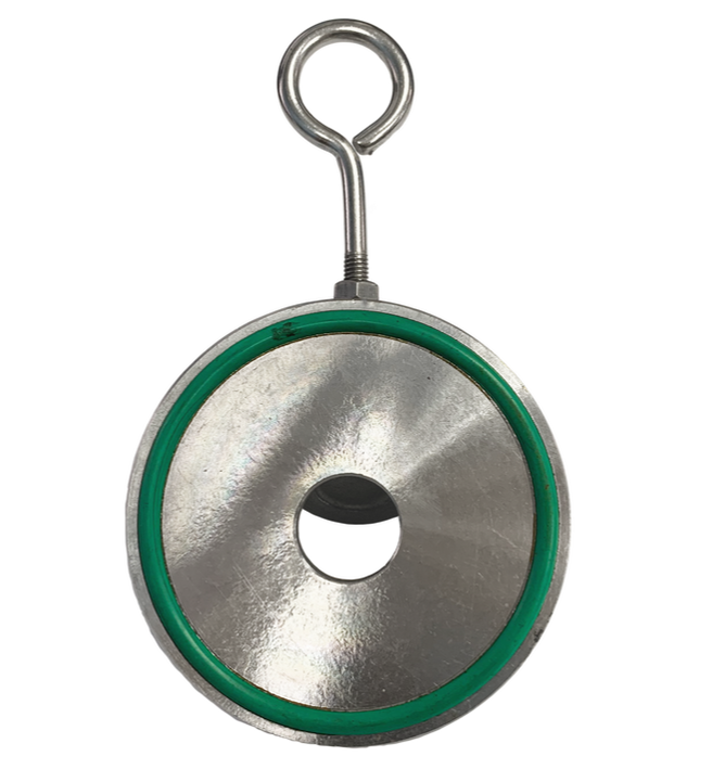 Single plate check valve seen at an angle showing the disc partly open on its hinge