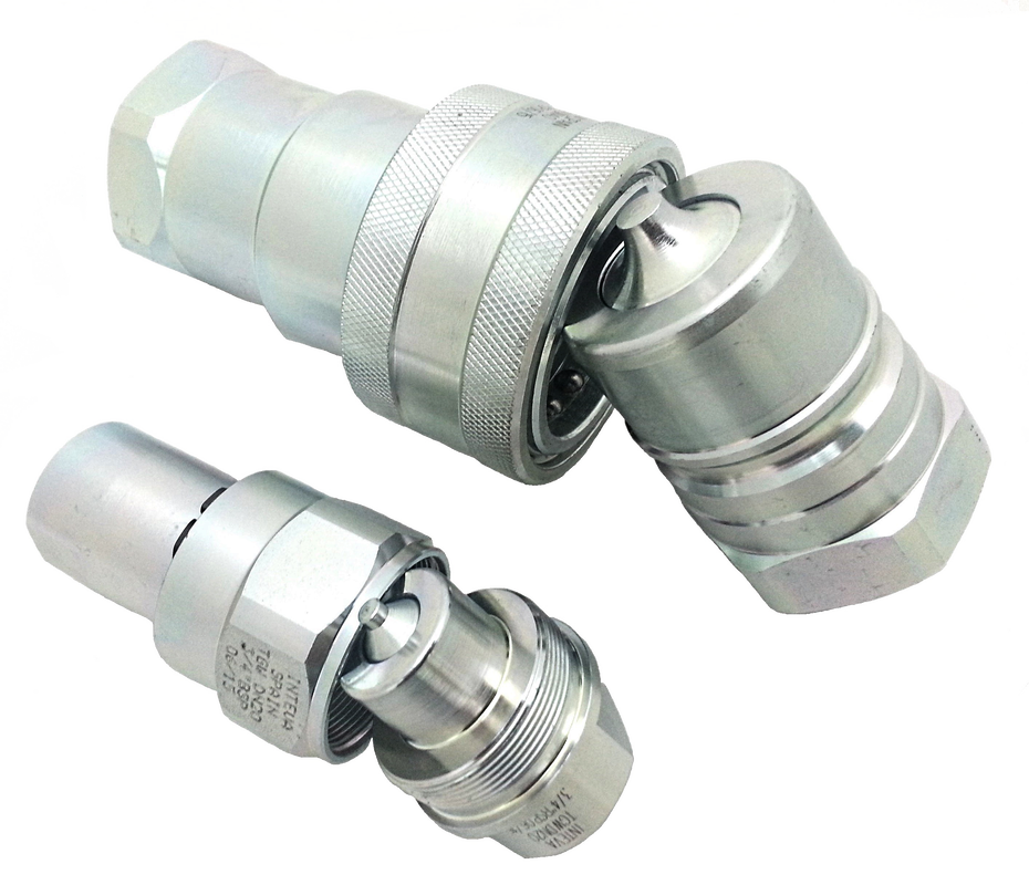 Two quick release coupling pairs with the halves separated, showing the poppet valve in each and the difference between a knurled push-in sleeve and a threaded screw collar