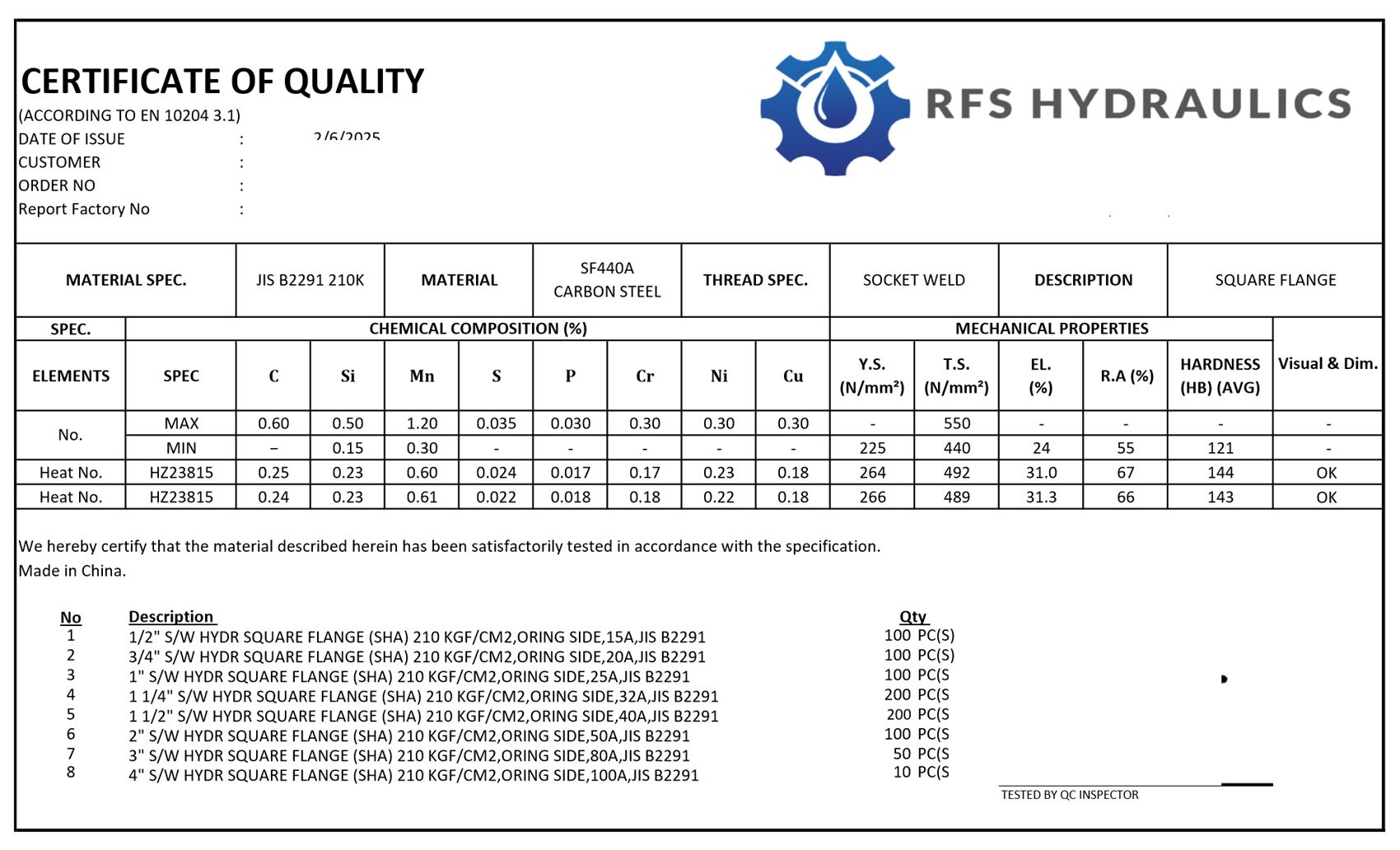 RFS Hydraulics certificate of quality to EN 10204 3.1 for 210K SHA socket weld square flanges in SF440A carbon steel to JIS B2291
