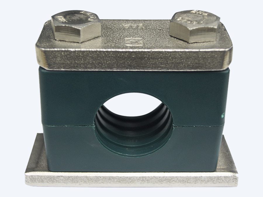 Tubeclo rubber insert clamp assembled on a stainless base plate, green polypropylene shell with the ribbed black elastomer insert visible in the bore