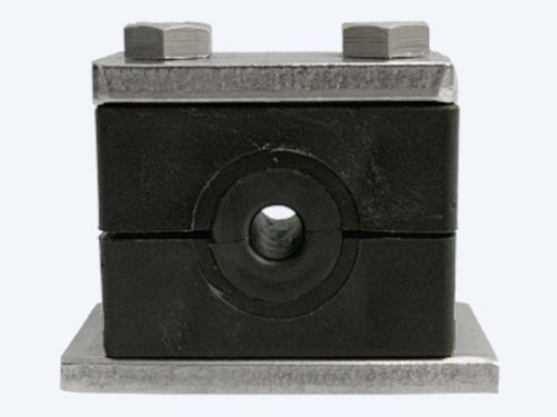 Tubeclo rubber insert clamp with a black polyamide shell, seen from the front with the elastomer insert in the bore