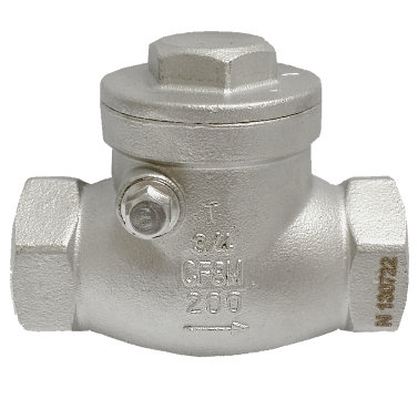 Threaded SS316 swing check valve cast with 3/4 inch, CF8M and 200, with a flow arrow and a heat number stamped on the side
