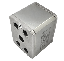An RVZ-SAE check valve seen from the port face, showing four SAE bolt holes around the centre bore and the flow arrow on the side of the body