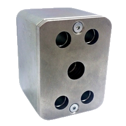 The port face of an RVZ-SAE check valve showing the four SAE bolt holes, the centre bore and the two screws that retain the holding plate