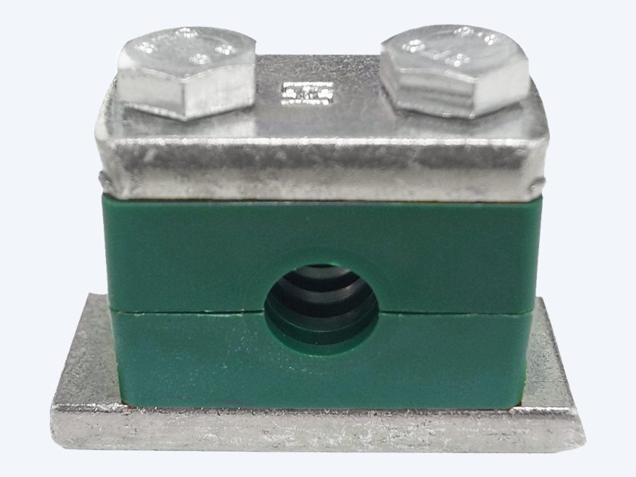 Heavy series STAUFF clamp in green polypropylene, noticeably wider in section with a larger base plate