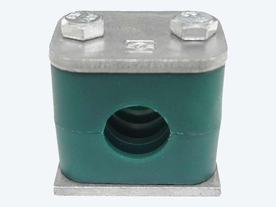 Standard series STAUFF clamp, green polypropylene body with an aluminium cover plate, two hexagon bolts and a base plate