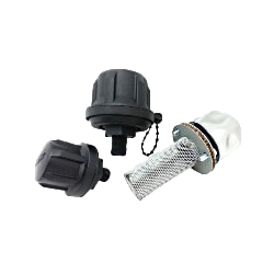 A STAUFF plastic tank filler breather with a black glass-fibre reinforced polyamide cap above a mesh strainer basket