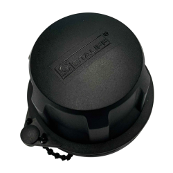 A black STAUFF filler breather cap shown from above, with the bayonet fitting and retaining chain