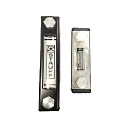 A STAUFF SNA level gauge with a black epoxy-coated steel housing, sight tube and banjo bolts at each end
