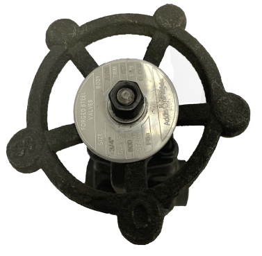 Socket weld forged steel globe valve viewed from above showing the handwheel and rising stem