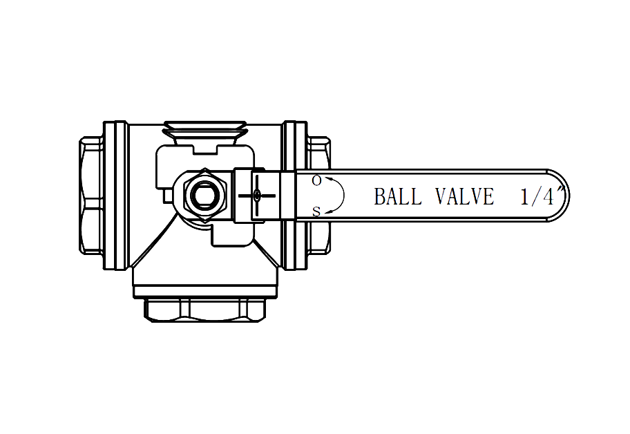 Outline drawing of a three-way T-port ball valve seen from the side, with the lever marked O and S