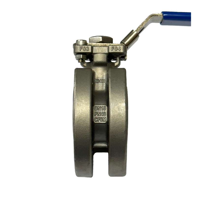 Stainless wafer type ball valve seen edge on, cast DN15 PN40 CF8M with F03 and F04 marked on the ISO 5211 top plate