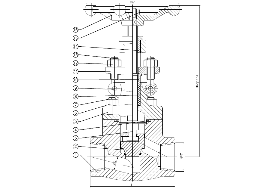 Sectional drawing of an NPT threaded forged steel globe valve with numbered callouts