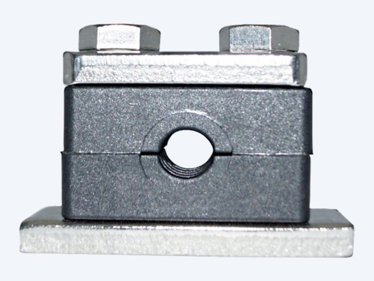 Tubeclo heavy series tube clamp with a black polyamide body on a galvanized weld plate