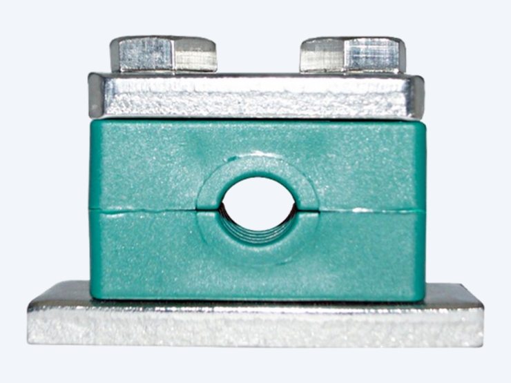 Tubeclo heavy series tube clamp in green polypropylene on a galvanized weld plate with two hexagon bolts