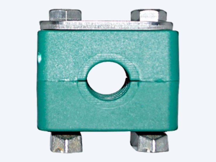 Tubeclo standard series tube clamp, green polypropylene body with a ribbed bore, shown mounted on hexagon rail nuts