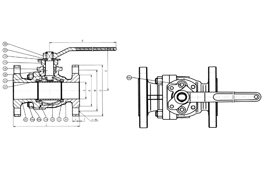 Sectional drawing of an ANSI 300 cast steel flange end ball valve with numbered callouts