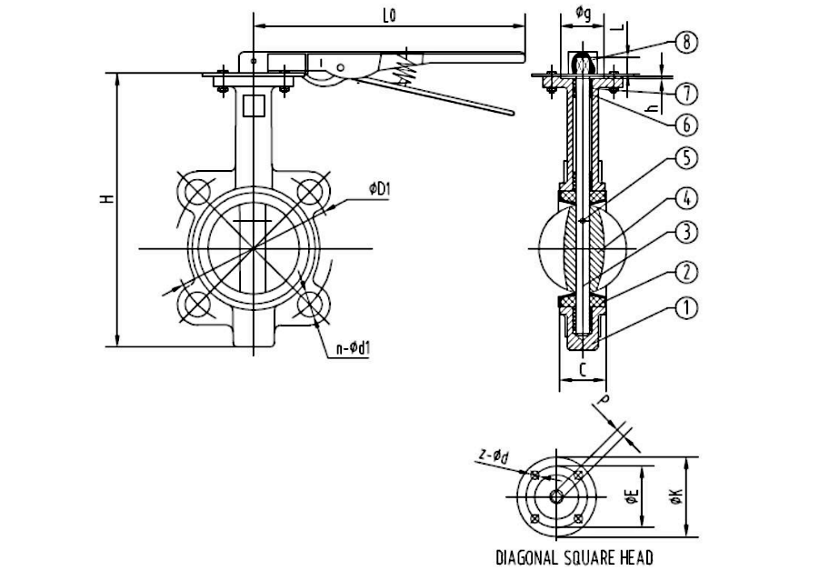 Sectional drawing of a wafer type cast iron butterfly valve with numbered callouts