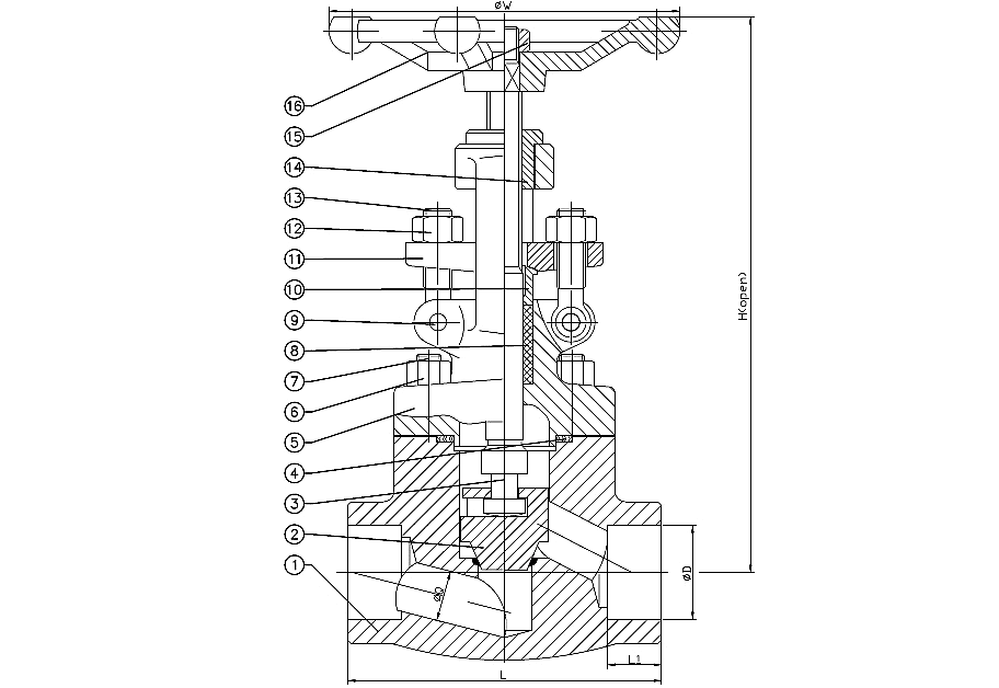 Sectional drawing of a socket weld forged steel globe valve with numbered callouts